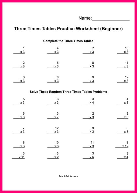 Free Three Times Tables Worksheets (8 Versions) - Teach Prints