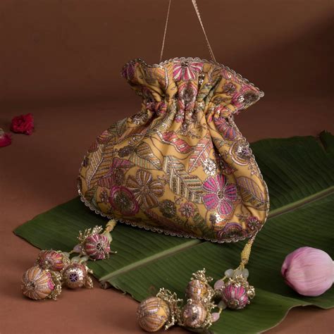 Yellow Threadwork Potli bag U Shape