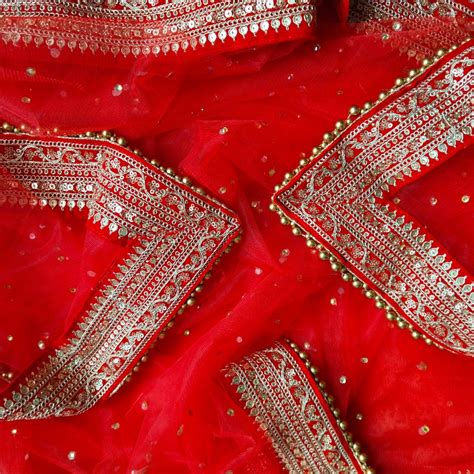 Bridal Samaira Red Stone Embroidered Bead Net Dupatta – anokherang