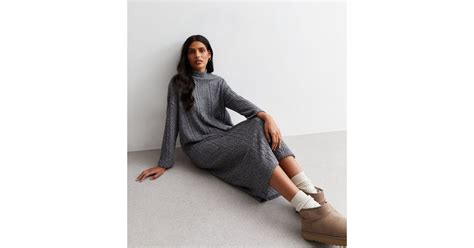 Dark Grey Cable Knit High Neck Midi Dress | New Look