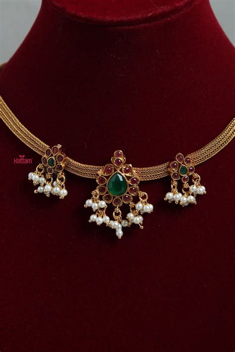 Ruby Green Pearl Gold Plated Choker Set - Kattam