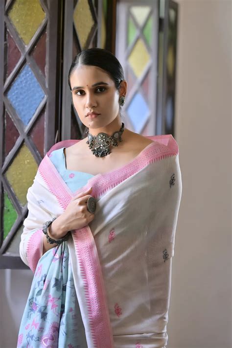 Off White Sky Blue Warli Saree | Muga Cotton Silk – Kalyanja