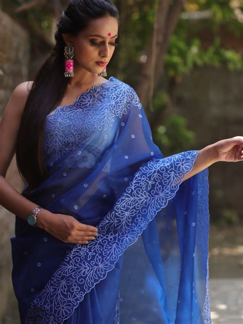 Banarasee Handwoven Organza Silk Floral Embroidered Saree-Royal Blue