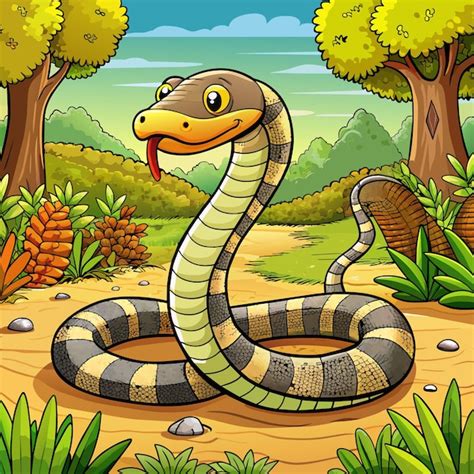 A snake with a long tail sits in a jungle with trees and plants ...