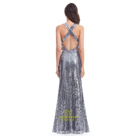 Grey Sparkly Backless Floor Length V-Neck Sequin Evening Dress | Vampal ...