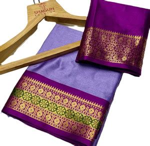 Buy Paramparik Textile Temple Border Mysore Cotton Silk Purple Sarees ...