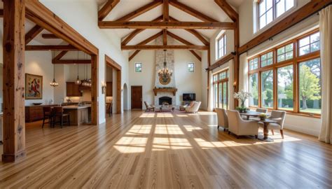 a grand open interior with wide oak flooring, visible timber beams, and ...