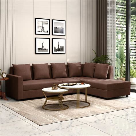 FURNY Gloria 6 Seater Fabric RHS L Shape Sofa Set (Brown) : Amazon.in ...