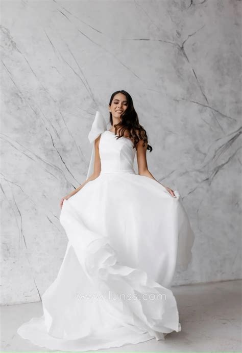 One-shoulder Floating Strap White Organza Wedding Dress - Lunss
