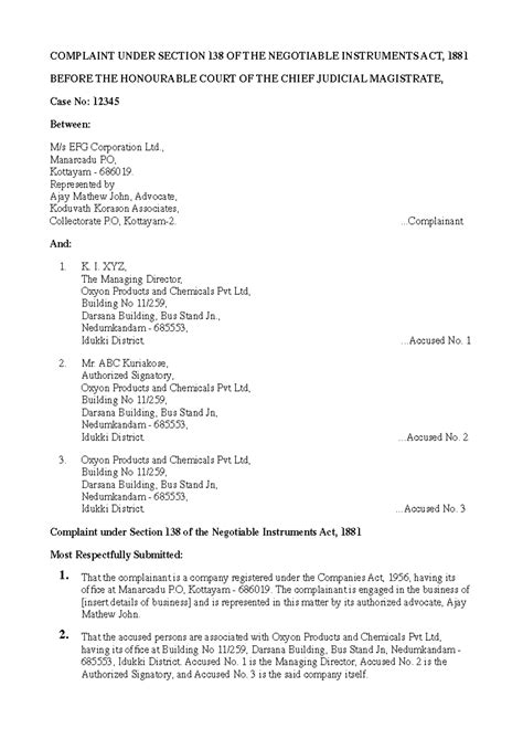 S 138 of Negotiable Instruments Act - COMPLAINT UNDER SECTION 138 OF ...