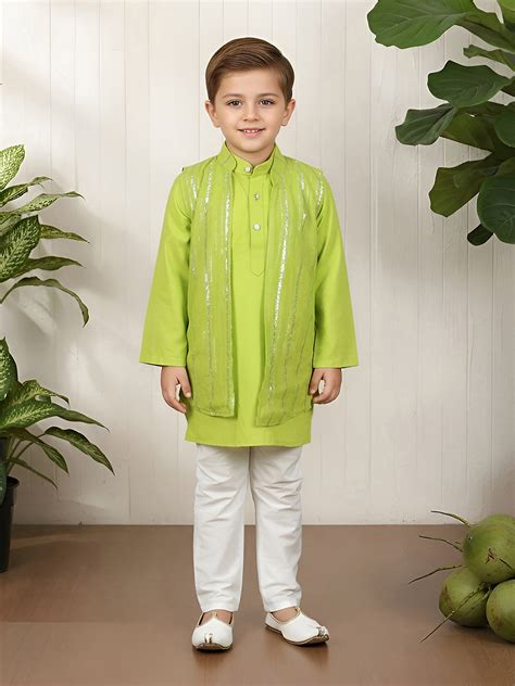 Polka Tots Full Sleeve Ethnic Kurta Pyjama Set with Foil Striped Koti ...