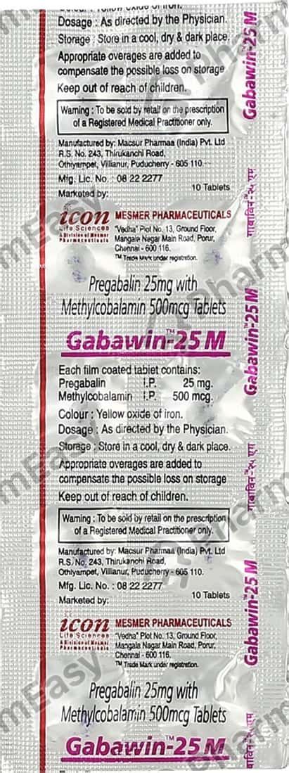 Gabawin M 25mg Strip Of 10 Tablets: Uses, Side Effects, Price & Dosage ...