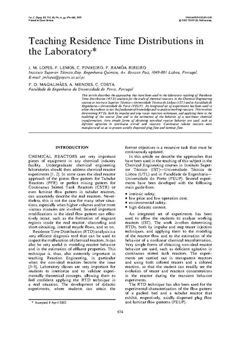 Resident time in CSTR - Teaching Residence Time Distributions in the ...