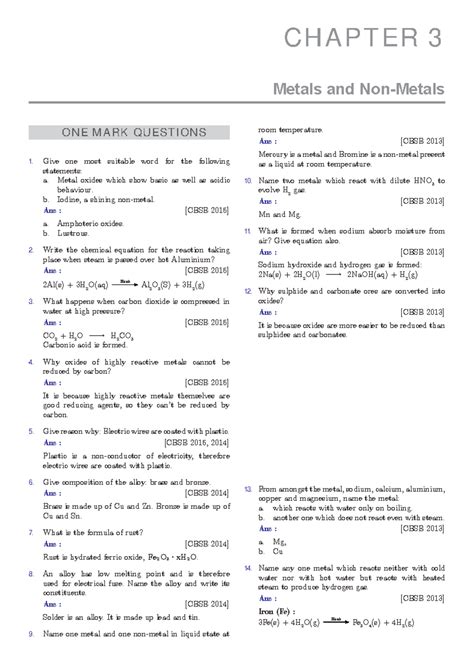 Metals and Non-Metals: One Mark Questions (CBSE Class 10) - Studocu
