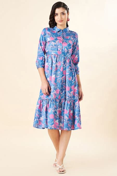 Medium Blue Printed Below Waist Casual Women Regular Fit Dresses ...