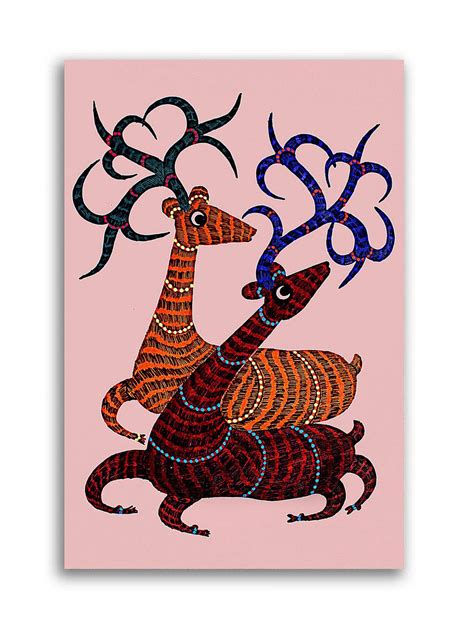 Tamatina Gond Art Canvas Painting | Pair of Barasingha | Traditional ...