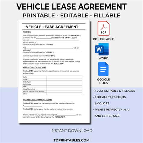 Vehicle Lease Agreement Template. PDF Fillable & Printable. Editable Ms Word Google Docs. Car ...