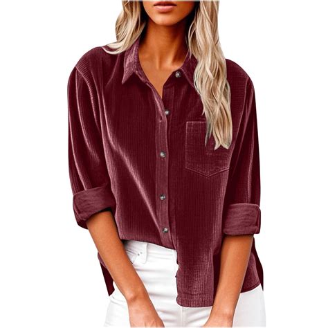 ABATAB Women Corduroy Shirts Fall Winter Warm Lapel V-Neck Button down ...