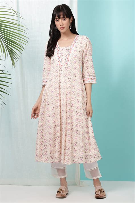 White Floral Printed Pure Cotton A-line Kurta with Embroidery – wforwoman