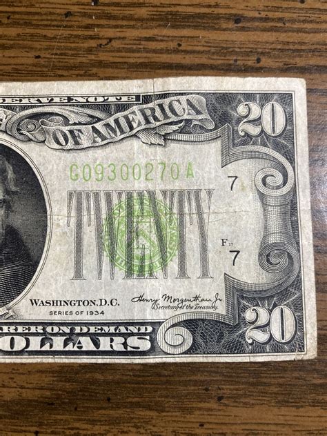 1934 $20 Dollar Bill Federal Reserve Note Lime Green Seal Chicago Nice ...
