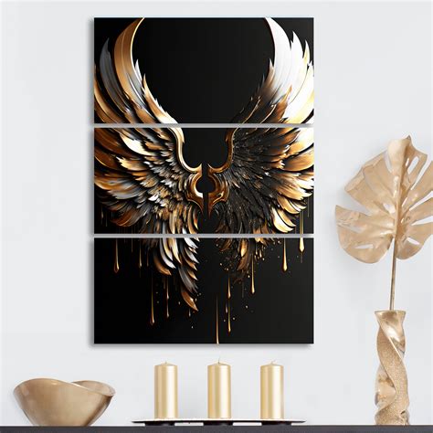 Everly Quinn Charlecia Black Silver And Gold Angel Wings I On Canvas 3 Pieces Print | Wayfair