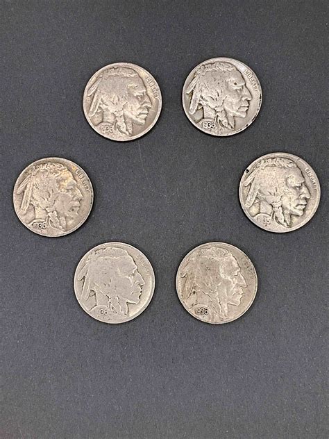 Historic Buffalo Nickels! Six Indian Head Buffalo Nickels With Dates ...