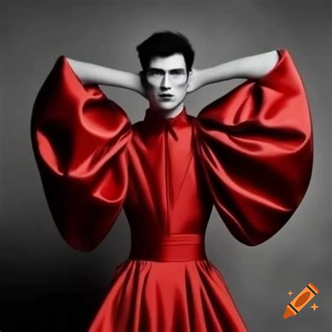 Handsome young man in red satin floor-length dress with high collar and ...