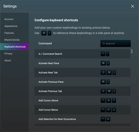 Warp Settings Keyboard Shortcuts
