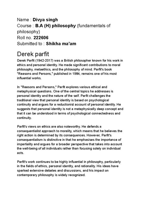 Derek Parfit's Philosophical Insights on Existence and Identity ...