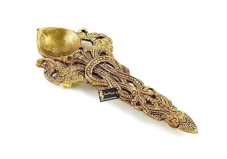 Two Moustaches Twin Peacock Design Round Brass Pooja Aarti Spoon, Hawan ...
