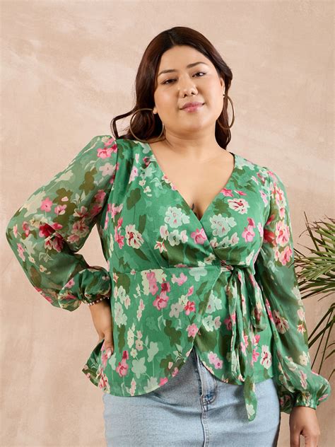 Women Green & Pink Floral Printed V-Neck Bishop Sleeves Waist Tie-Up ...