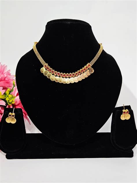 Single Layer Kashimala Necklace Set with Red Stones – Traditional Coin ...
