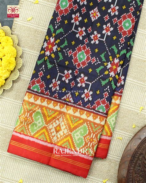 Traditional Navratna Design Red and Blue Single Ikat Rajkot Patola Sar ...