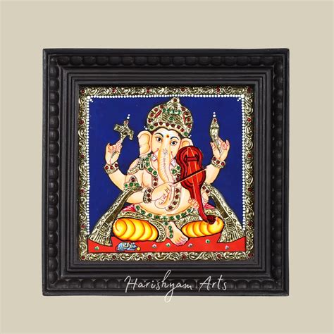 11" Lord Ganesha Tanjore Painting Playing Violin with Traditional Gold