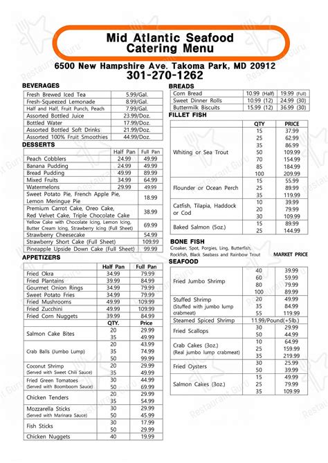 Menu at Mid Atlantic Seafood restaurant, Takoma Park, New Hampshire Ave