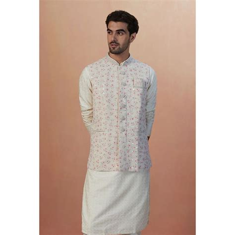 Buy Manyavar Blended Cotton Beige Printed Sleeveless Mandarin Collar ...