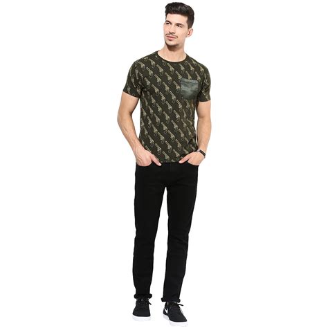 Buy Punk Men Casual Olive Short Sleeves Round Neck Tshirt - AO-SMALL-GUN