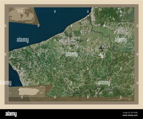 Aguada, municipality of Puerto Rico. High resolution satellite map. Locations and names of major ...