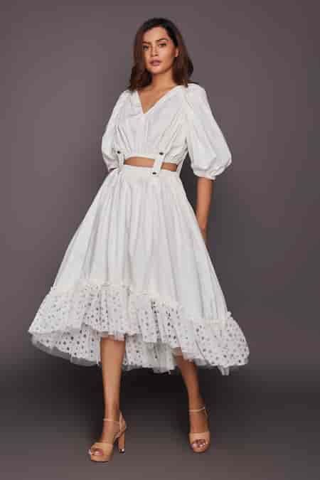 Buy White Cotton V-neck Puff Sleeve Top And Skirt Set For Women by ...