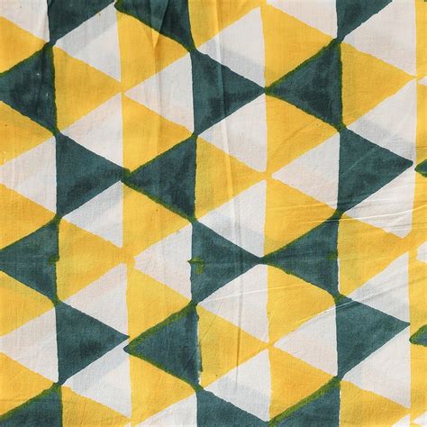 Pure Cotton Jaipuri White With Yellow And Green Triangles Hand Block P ...