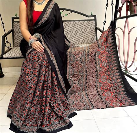 Ajrakh Handblock Print Pure Modal Silk Saree – EthnicsLand
