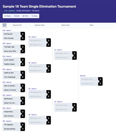 16 Team Single Elimination Bracket Generator | Online + Printable PDF/CSV