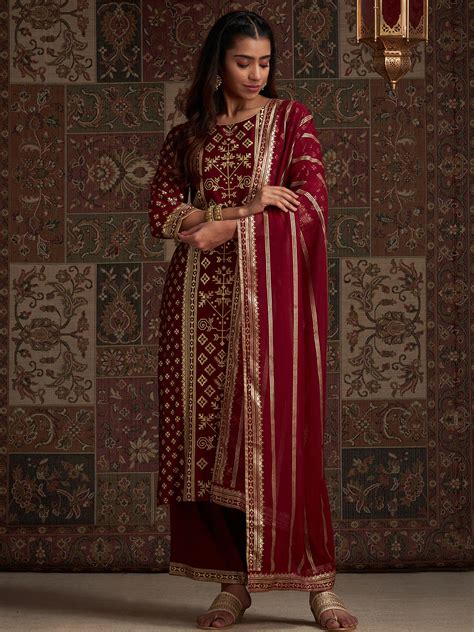 Indo Era Maroon Printed Straight Kurta Trousers With Dupatta Set – indoera