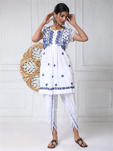 Noor Chikankari Hand Embrodiery Dhooti White/Blue - House Of Kari ...