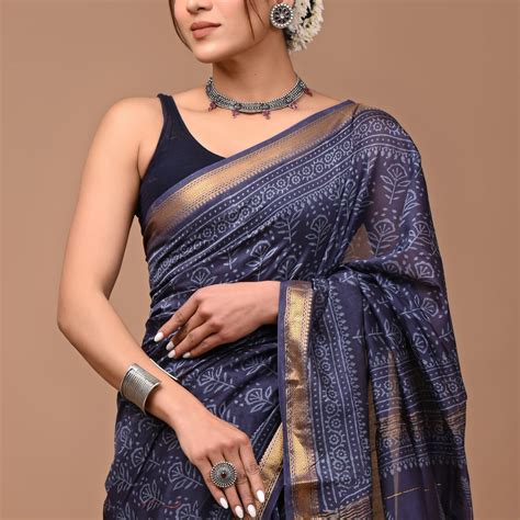 Navy Blue Maheshwari cotton silk saree with Bagru block print – Label Mavi