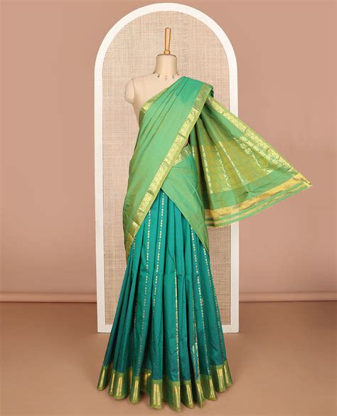 Green zari designs art silk half-saree, contrast zari design dhavani,