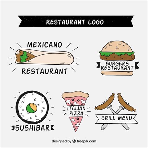 Hand drawn restaurant logos with variety of food | Free Vector