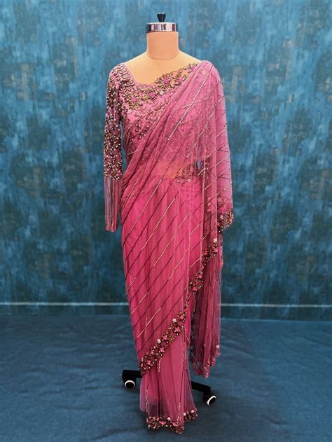 Evening Gowns for Women Online | Plum Pink Handwork Saree