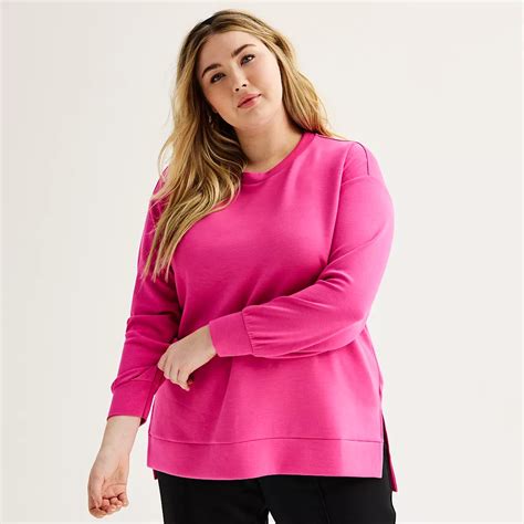 Plus Size Magaschoni Crewneck Pullover Tunic with Side Slits and Step Hem