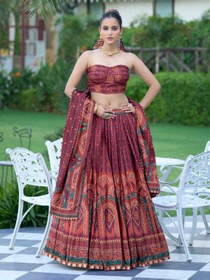 Buy PURVAJA Women Wine Printed Stitched Lehenga and Unstitched Blouse ...